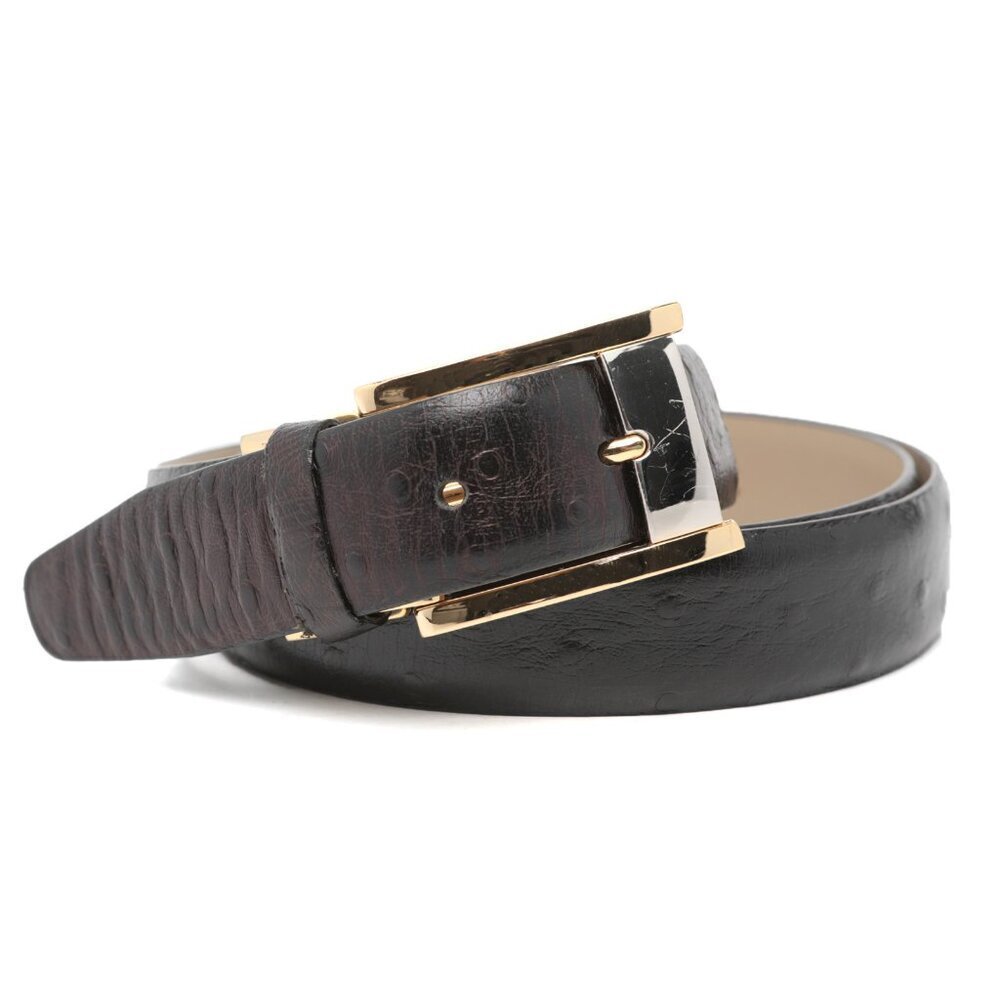 AVANTI Ostrich Embossed Leather Belt Black Silver Gold Buckle Retro Classic